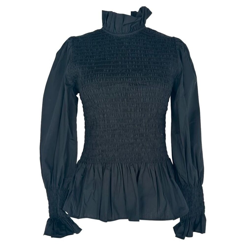 Maria De La Orden Aleria Smocked Long Sleeve Blouse in Black Cotton